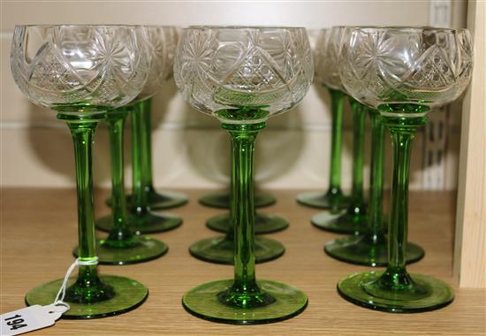 A set of twelve cut and green glass hocks